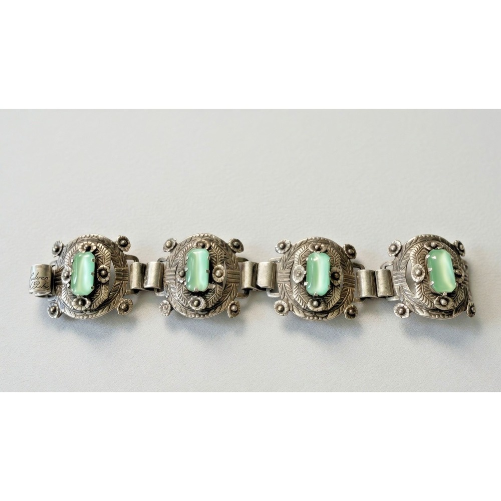 Vintage Mexican Sterling Silver Bracelet 74g Green Cabochons  Signed 7"